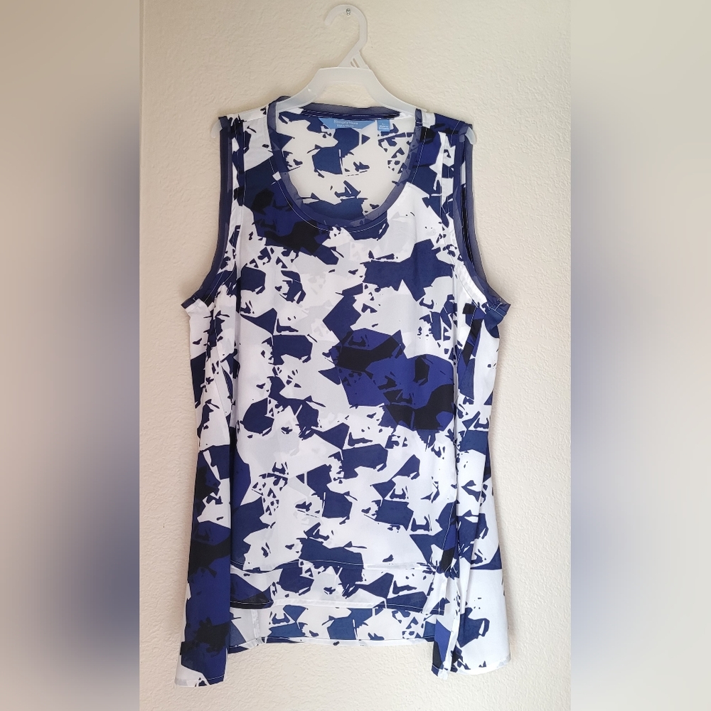 Vera Wang Blue Abstract Ruffle High-Low Semi Sheer Sleeveless Blouse- LG - EUC